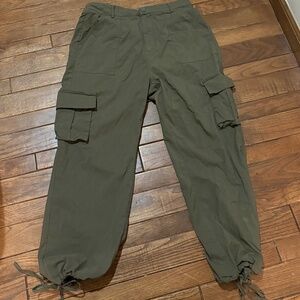 Olive Green Cargo Parachute Pants XL Utility Tactical Drawstring Hem